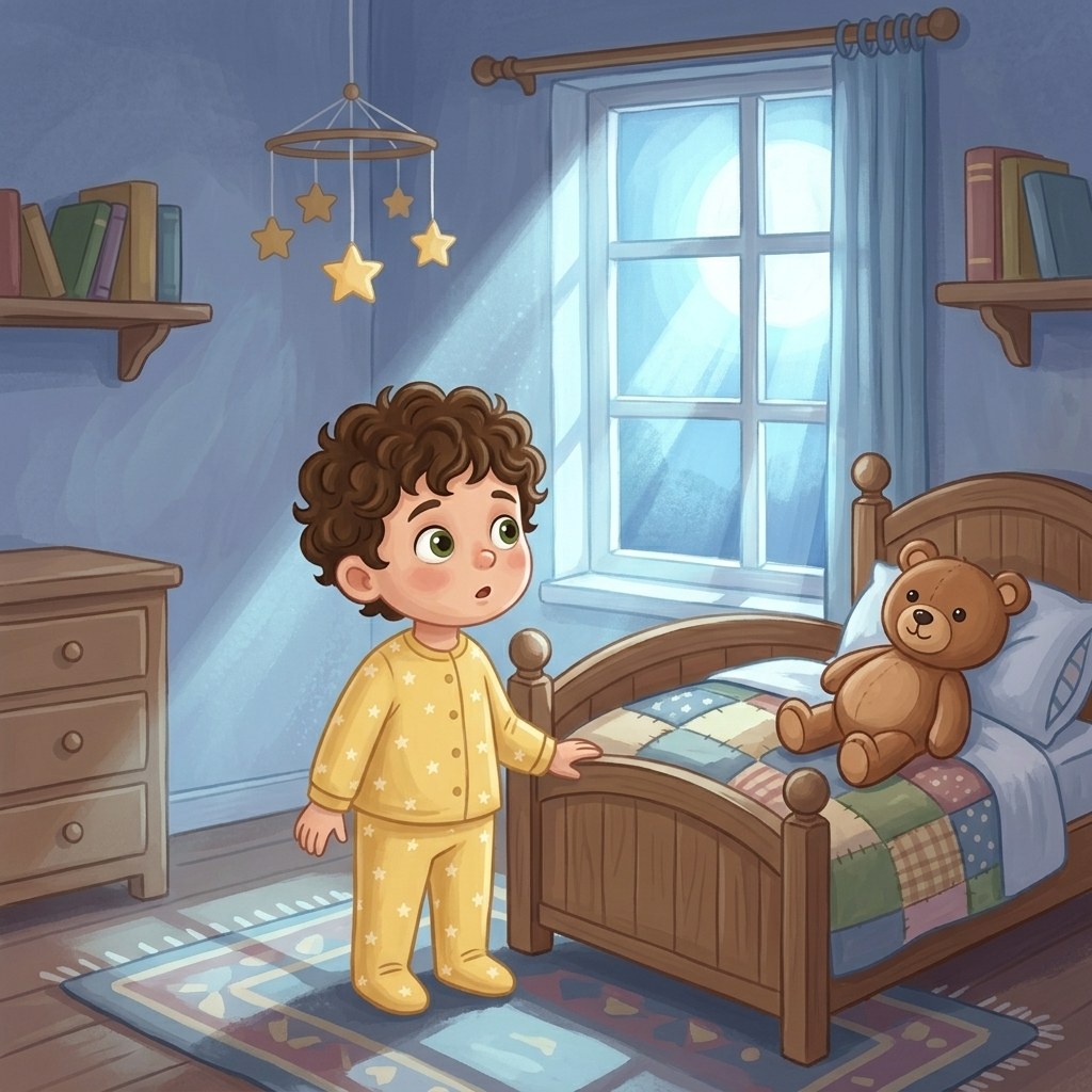 A page from the same book: Theo in star pajamas by his bed at night