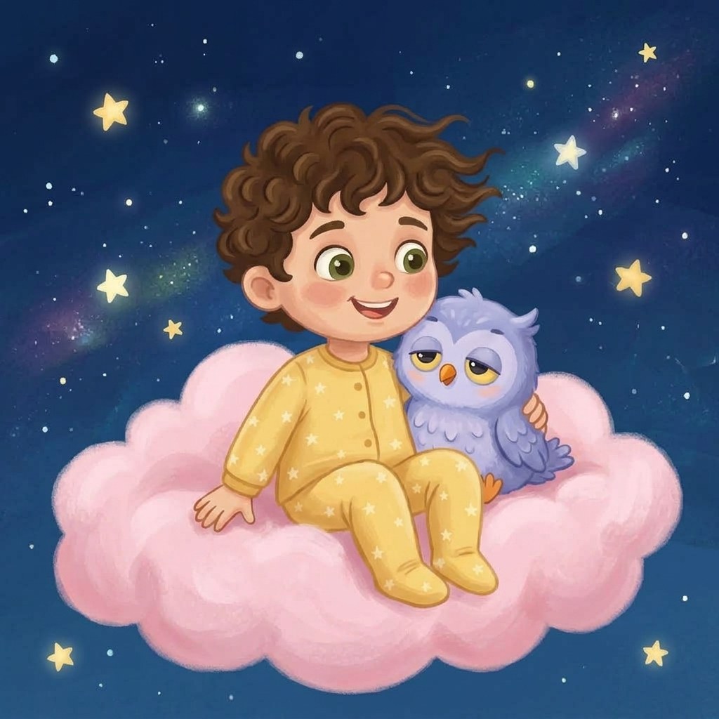 A page from the same book: Theo and a sleepy owl on a pink cloud among the stars