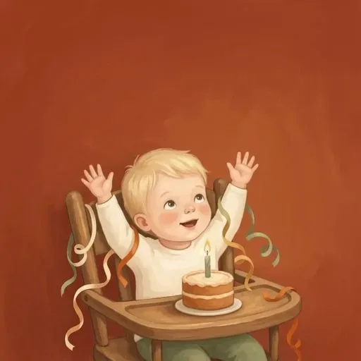 A toddler in a high chair throws both arms up in front of a cake with one candle, with streamers all around.