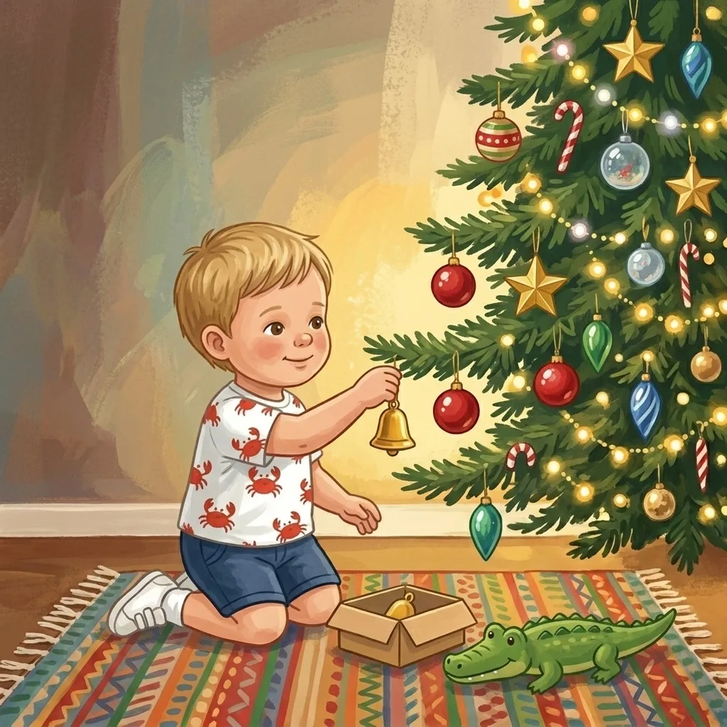 A boy kneels on a patterned rug and hangs a gold bell on the Christmas tree, a toy crocodile beside him.