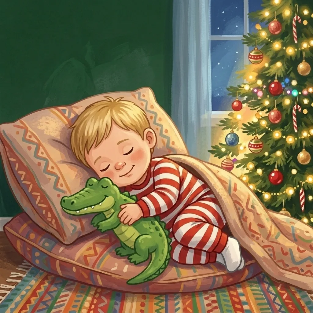 A boy asleep on cushions under a blanket, hugging a toy crocodile beside the lit Christmas tree.