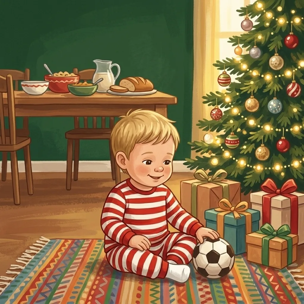 A boy in striped pyjamas sits by the tree with a football and a pile of wrapped presents, the table set behind him.
