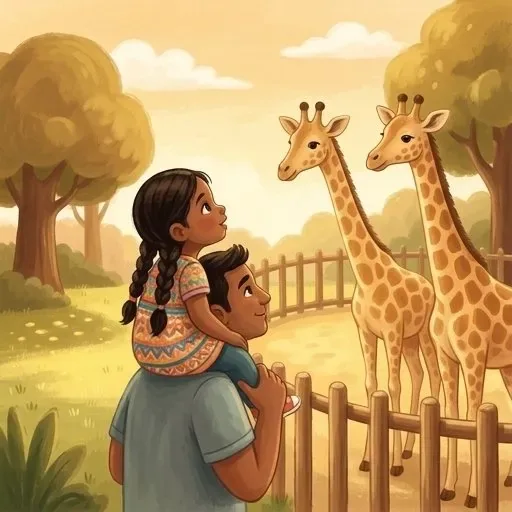A girl with braids rides on a grown-up's shoulders, eye to eye with two giraffes over a wooden fence.