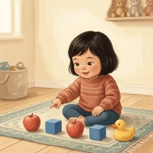 Una niña pequeña, sentada en una alfombra, señala una fila de manzanas rojas y bloques azules que termina en un patito de goma amarillo.
