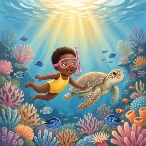 Una niña con gafas de buceo rosas y traje de baño amarillo nada junto a una tortuga marina sobre un jardín de coral, con rayos de sol que atraviesan el agua.