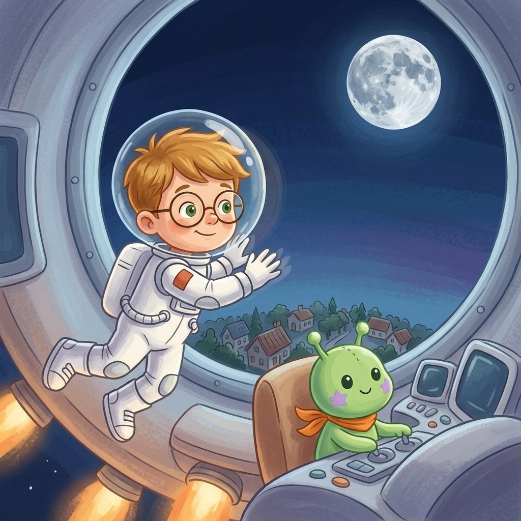 A page from the same book: Leo in his space suit at the ship window